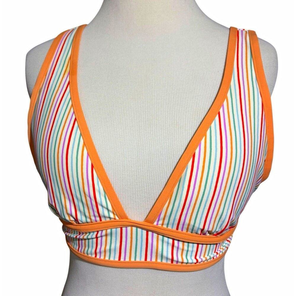 Roller Rabbit Bikini Top Sz M Multicolor Stripe Plunge Triangle Swimwear Orange